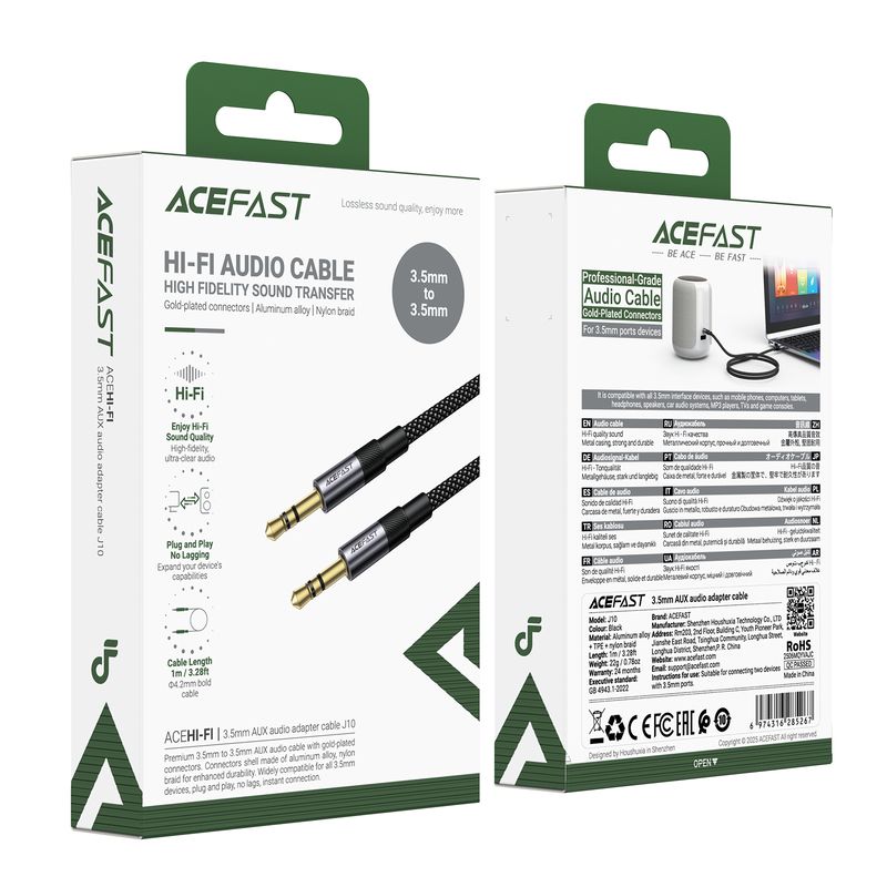 Аудіокабель ACEFAST J10 3.5mm male to 3.5mm male, nylon braid, 1m, Black