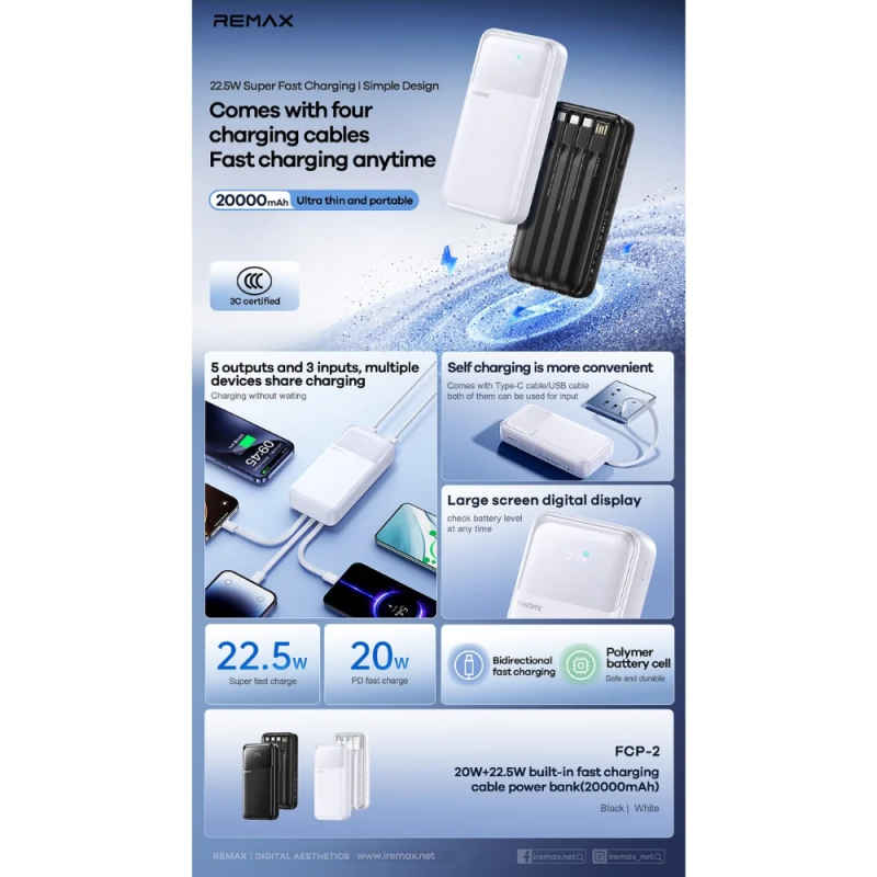 Зовнішній акумулятор REMAX 20W+22.5W with 3 Fast Charging Cable Power Bank 20000mAh FCP-2 Black