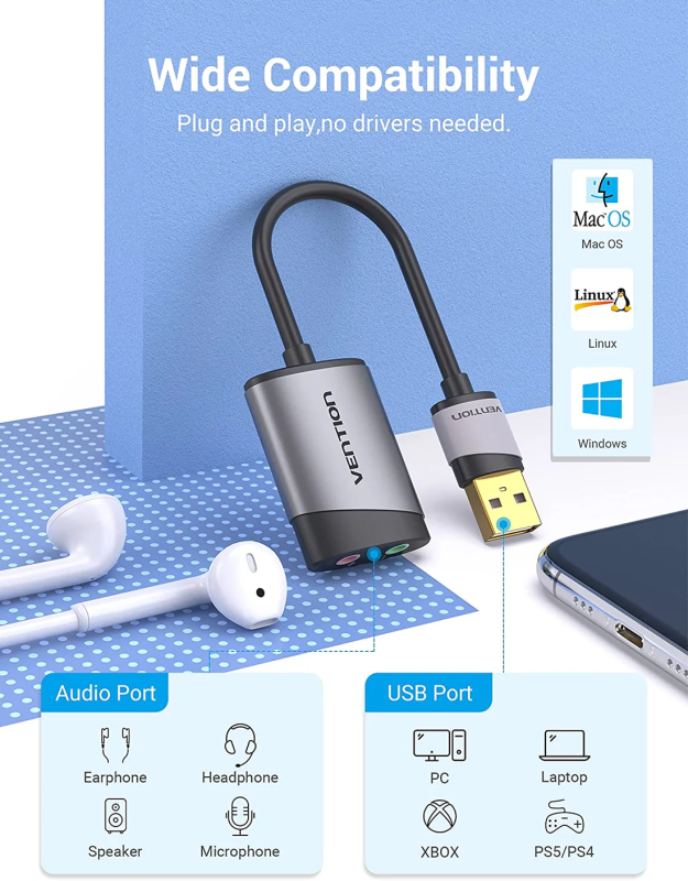 Адаптер Vention USB External Sound Card 0.15M Gray Metal Type (CDKHB)