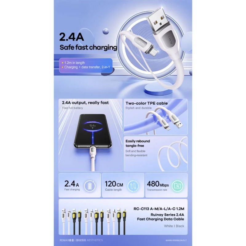 Кабель REMAX Ruinay Series 2.4A Fast Charging Data Cable 1M RC-C113 A-C-White