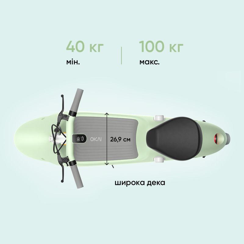Електросамокат з сидінням OKAI Ceetle PRO EA10C Mint Green 10', 350(900)W, 25Km/h, 10.4Ah, 55Km, 20%,NFC, App, 29kg