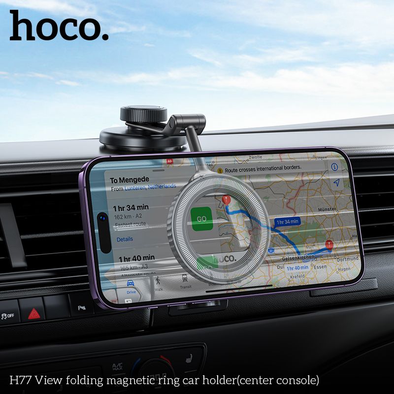 Автотримач для телефона HOCO H77 View folding magnetic ring car holder (center console) Black Metal Gray