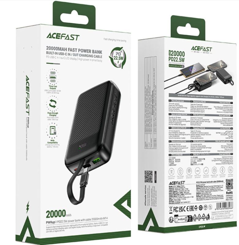 Зовнішній акумулятор ACEFAST M14 PD20W power bank with cable 20000mAh Black