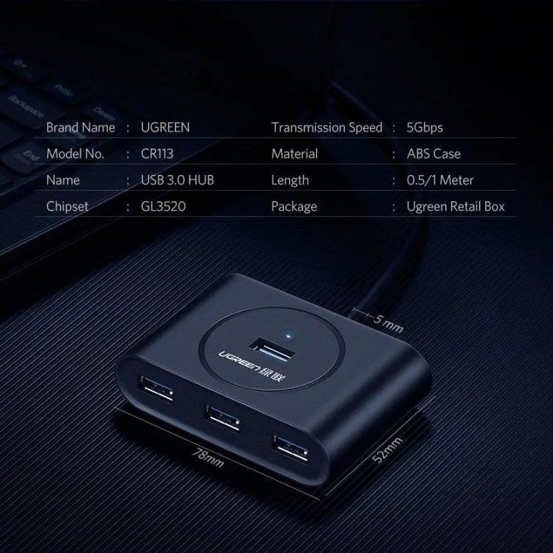 USB-хаб UGREEN USB 3.0 Hub  0.5m (Black)