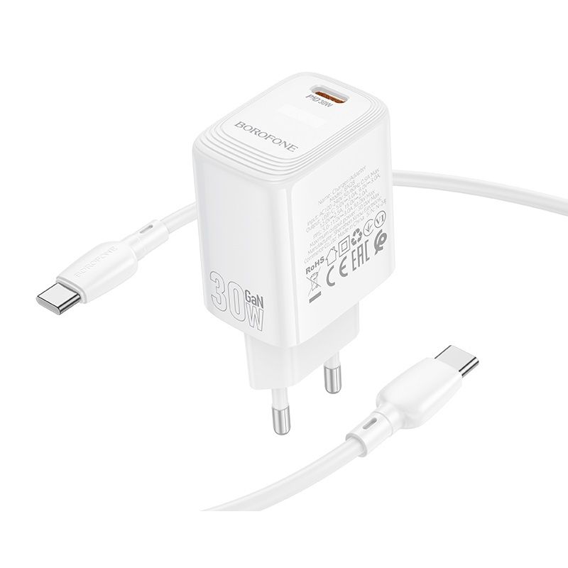 Мережевий зарядний пристрій з кабелем BOROFONE BN28 Fuente single port PD30W charger set (C to C) (EU) White