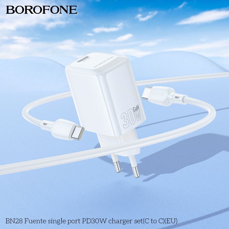 Мережевий зарядний пристрій з кабелем BOROFONE BN28 Fuente single port PD30W charger set (C to C) (EU) White