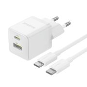 Мережевий зарядний пристрій з кабелем Baseus Palm Fast Charger C+U 30W EU Moon White (with USB-C to USB-C 60W (20V/3A) 1m Moon White)