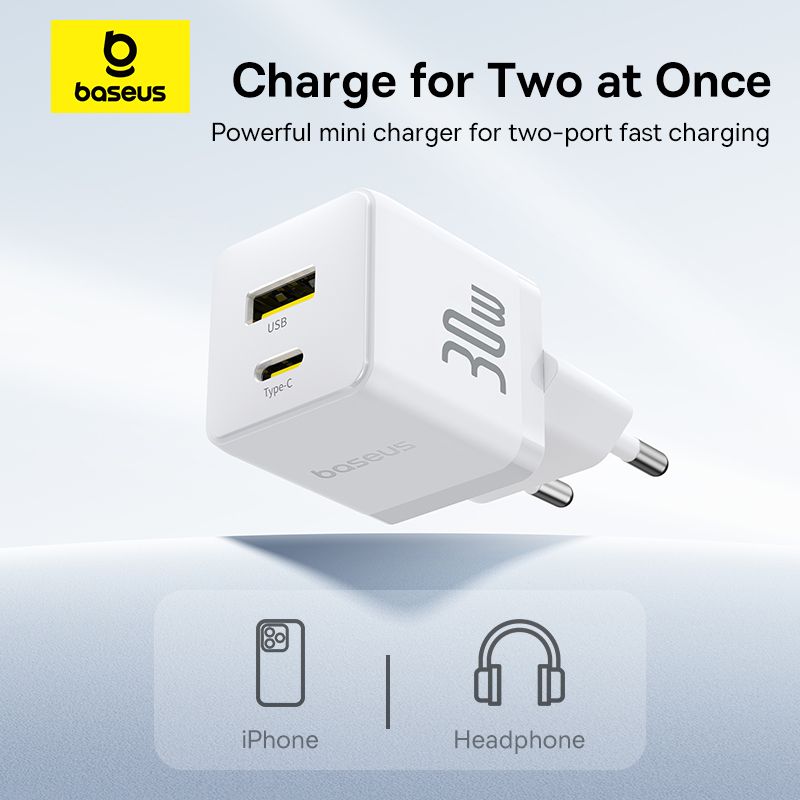 Мережевий зарядний пристрій з кабелем Baseus Palm Fast Charger C+U 30W EU Moon White (with USB-C to USB-C 60W (20V/3A) 1m Moon White)