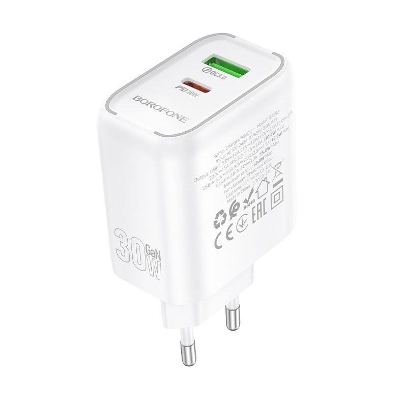 Мережевий зарядний пристрій BOROFONE BA89A Destello PD30W+QC3.0 charger (EU) White