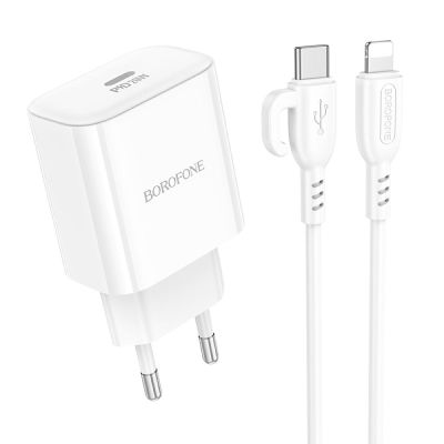 Мережевий зарядний пристрій з кабелем BOROFONE BA81A single port PD20W charger set (C to iP) (EU) White