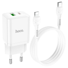 Мережевий зарядний пристрій з кабелем HOCO N28 Founder PD20W+QC3.0 charger set(C to iP) White