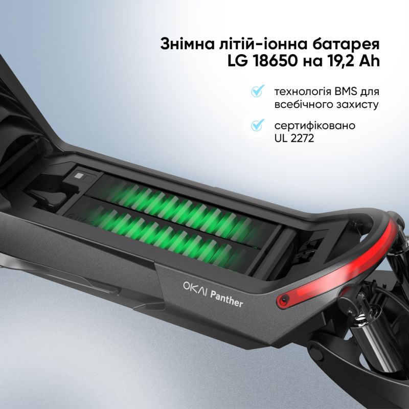 Електросамокат OKAI ES800 Panther Off-Road Black 12", 1500(3000)W, Dual Motor, 19.2Ah, 50km, 60km\h, 35%, NFC, App, 43kg