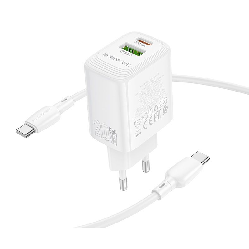 Мережевий зарядний пристрій з кабелем BOROFONE BN27 Fuente PD20W+QC3.0 charger set (C to C) (EU) White