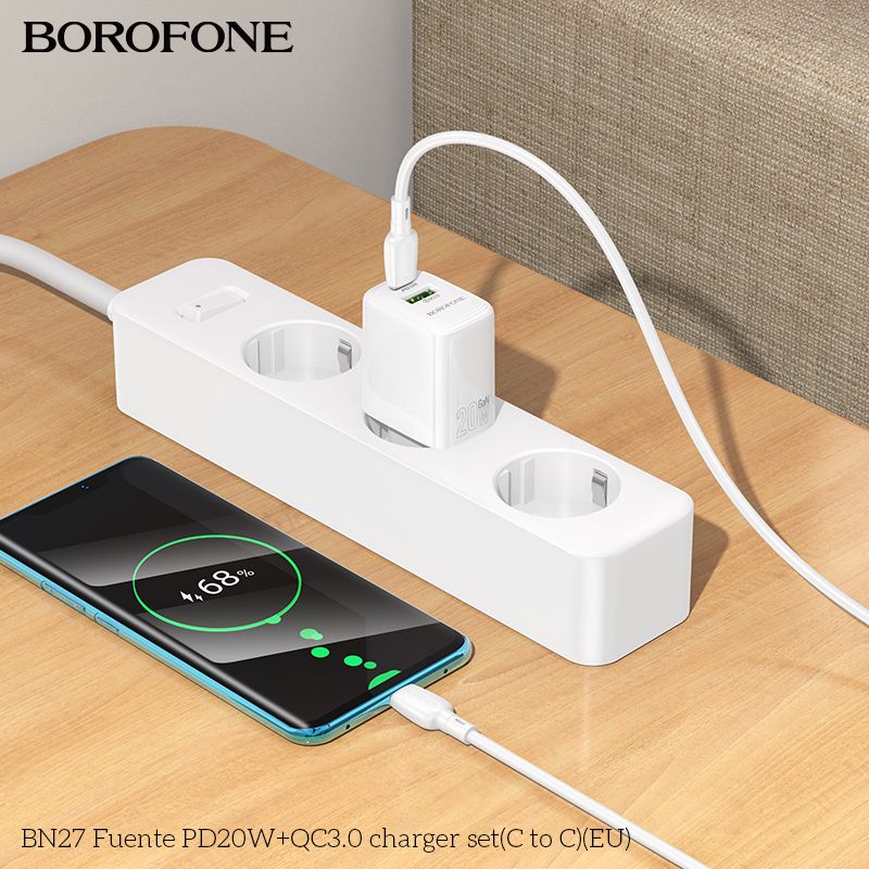 Мережевий зарядний пристрій з кабелем BOROFONE BN27 Fuente PD20W+QC3.0 charger set (C to C) (EU) White