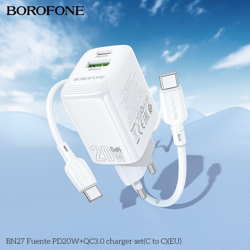 Мережевий зарядний пристрій з кабелем BOROFONE BN27 Fuente PD20W+QC3.0 charger set (C to C) (EU) White
