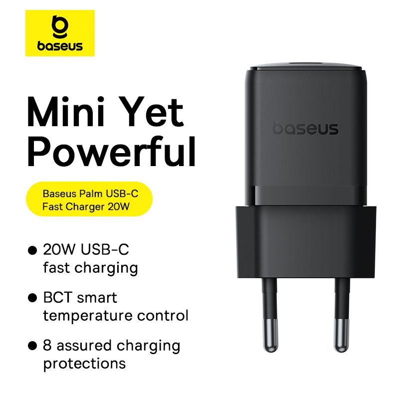 Мережевий зарядний пристрій Baseus Palm Fast Charger 1C 20W EU Cluster Black (with Baseus Mini White Cable USB-C to USB-C 60W (20V/3A) 1m Cluster Blac