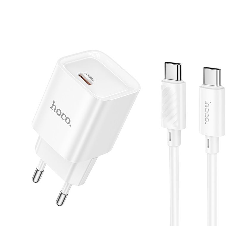 Мережевий зарядний пристрій з кабелем HOCO C146A Charm single port PD20W charger set (C to C) (EU) White