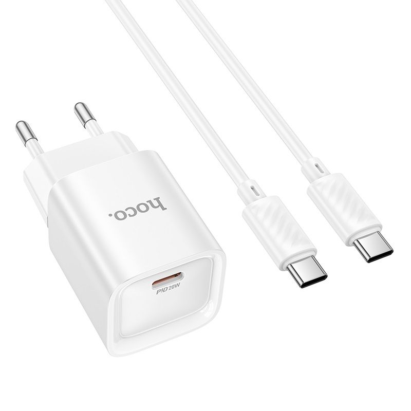 Мережевий зарядний пристрій з кабелем HOCO C146A Charm single port PD20W charger set (C to C) (EU) White