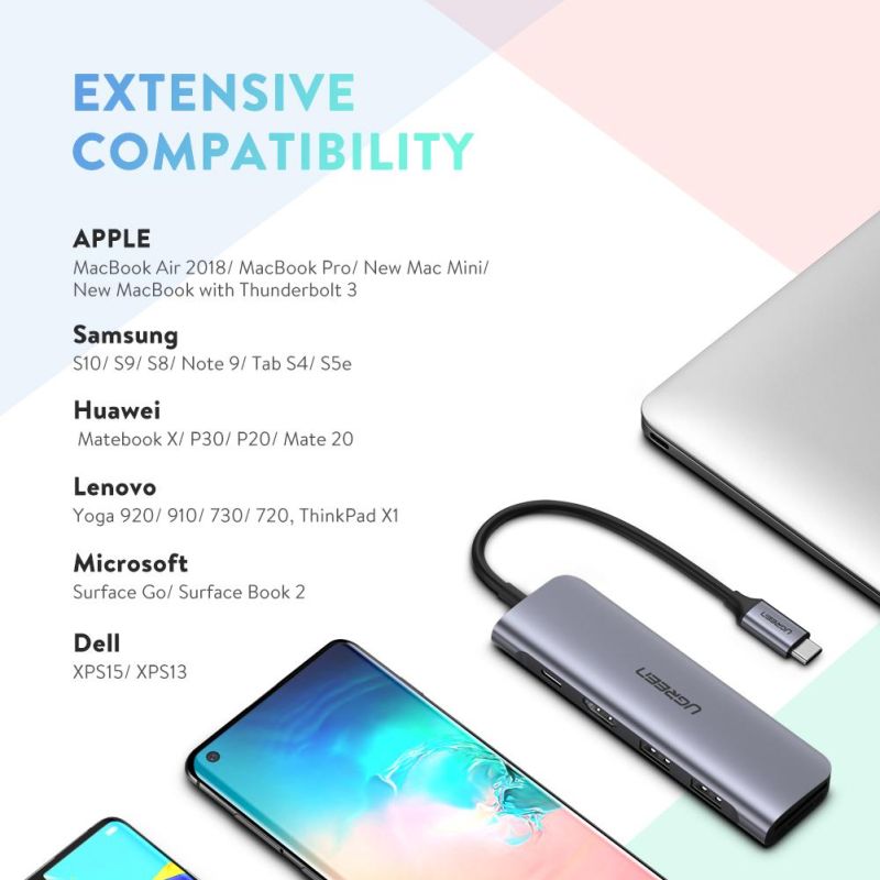 USB-хаб UGREEN USB-C to 2 Ports USB3.0-A Hub + HDMI + TF/SD with PD Power Supply (Space Gray)