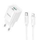 Мережевий зарядний пристрій з кабелем HOCO C147A Charm PD20W+QC3.0 charger set (C to iP)(EU) White