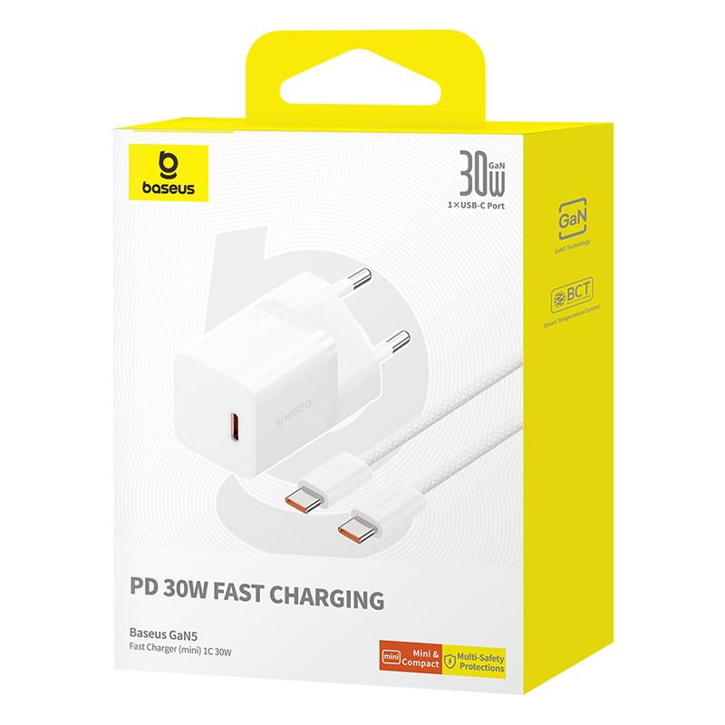 Мережевий зарядний пристрій з кабелем Baseus GaN5 Fast Charger(mini) 1C 30W EU Moon White(With: Fast Charging Data Cable Type-C)