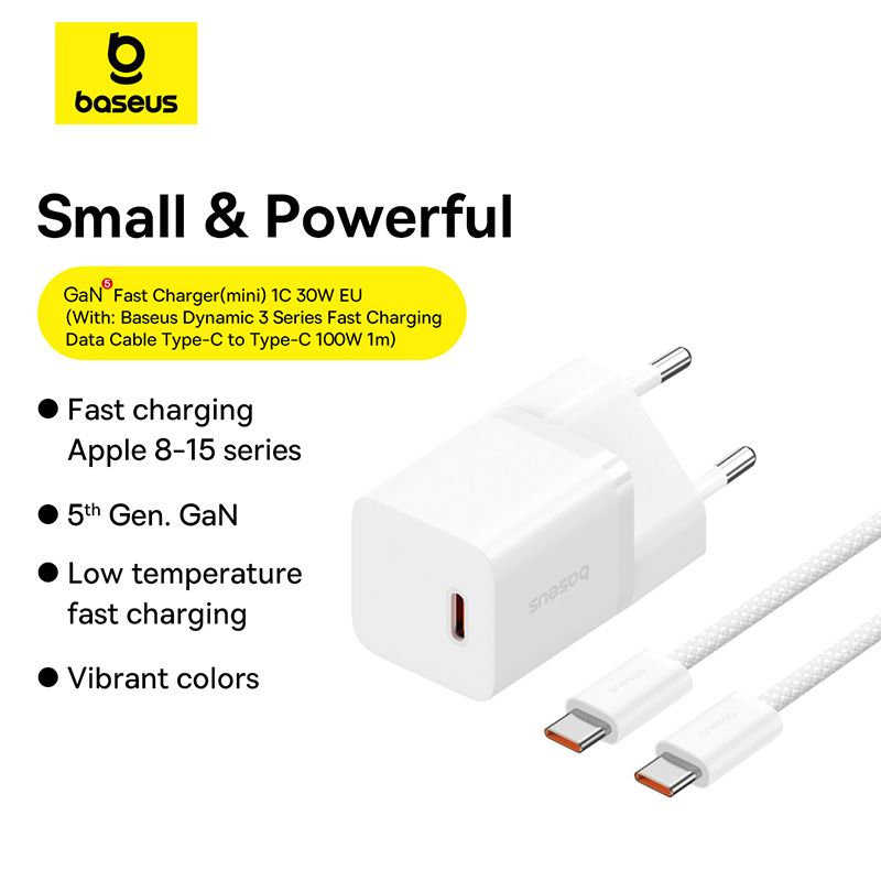 Мережевий зарядний пристрій з кабелем Baseus GaN5 Fast Charger(mini) 1C 30W EU Moon White(With: Fast Charging Data Cable Type-C)