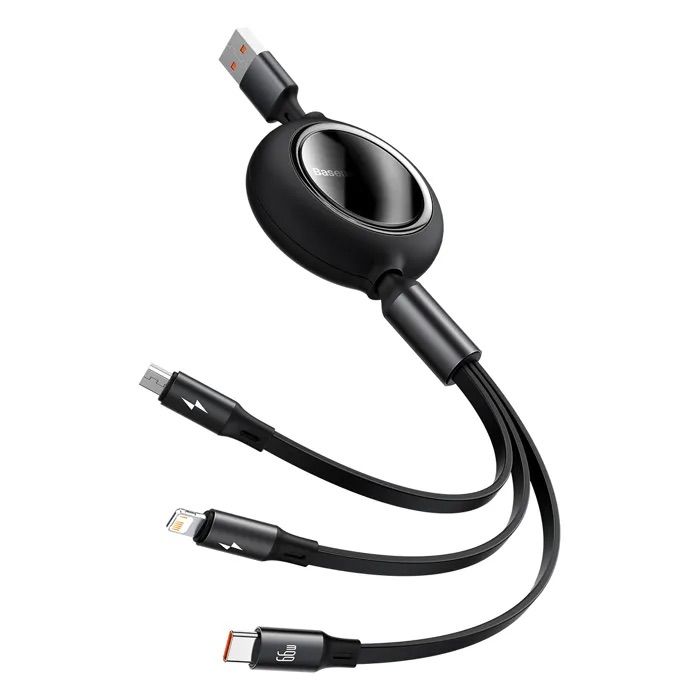 Кабель Baseus Bright Mirror 2 Series Retractable 3-in-1 Fast Charging  Data Cable USB to M+L+C 66W 1.1m Black