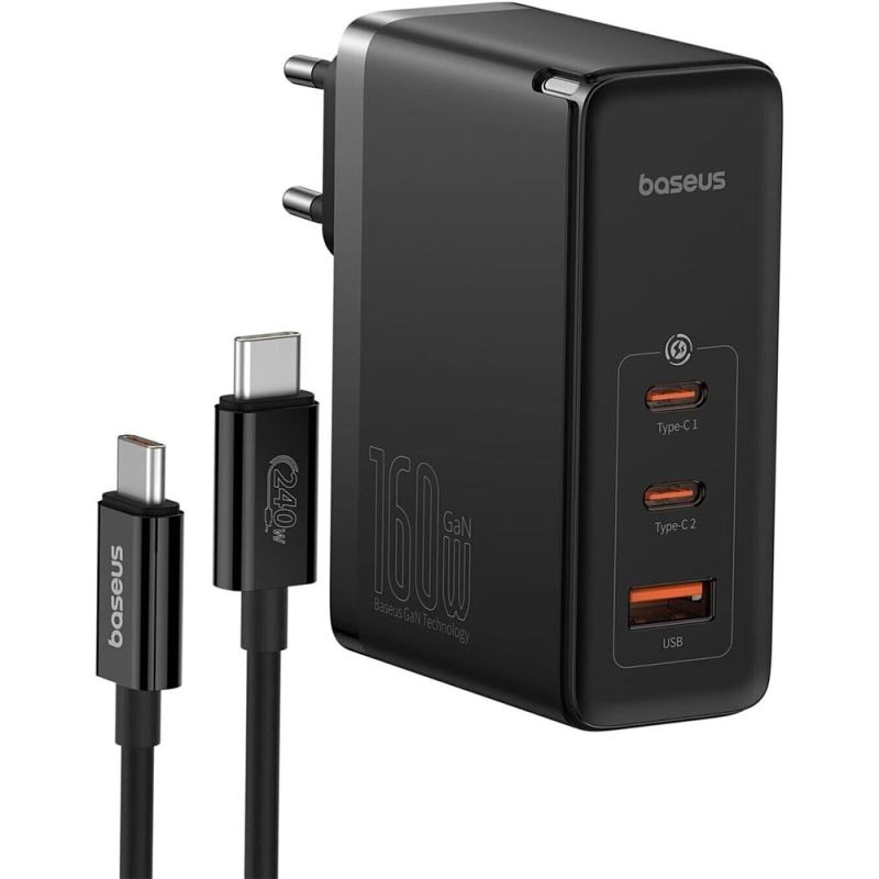 Мережевий зарядний пристрій з кабелем Baseus GaN5 Pro Digital Fast Charger 2C+U 160W Cluster Black (With Superior Charging Data Cable C to С)