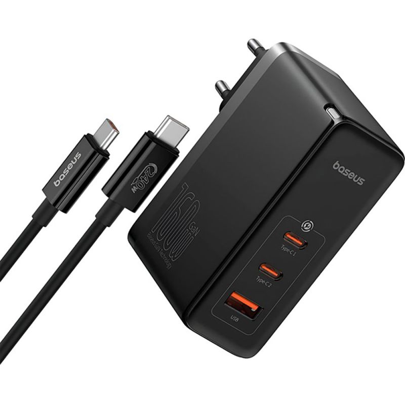Мережевий зарядний пристрій з кабелем Baseus GaN5 Pro Digital Fast Charger 2C+U 160W Cluster Black (With Superior Charging Data Cable C to С)