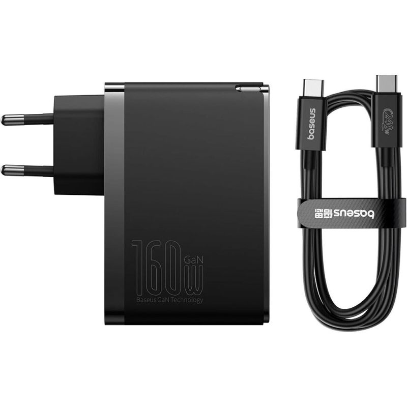 Мережевий зарядний пристрій з кабелем Baseus GaN5 Pro Digital Fast Charger 2C+U 160W Cluster Black (With Superior Charging Data Cable C to С)