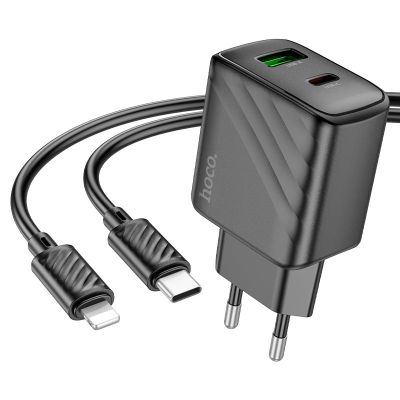Мережевий зарядний пристрій з кабелем HOCO CS23A Sunlight dual-port PD30W+QC3.0 charger set (C to iP)(EU) Black