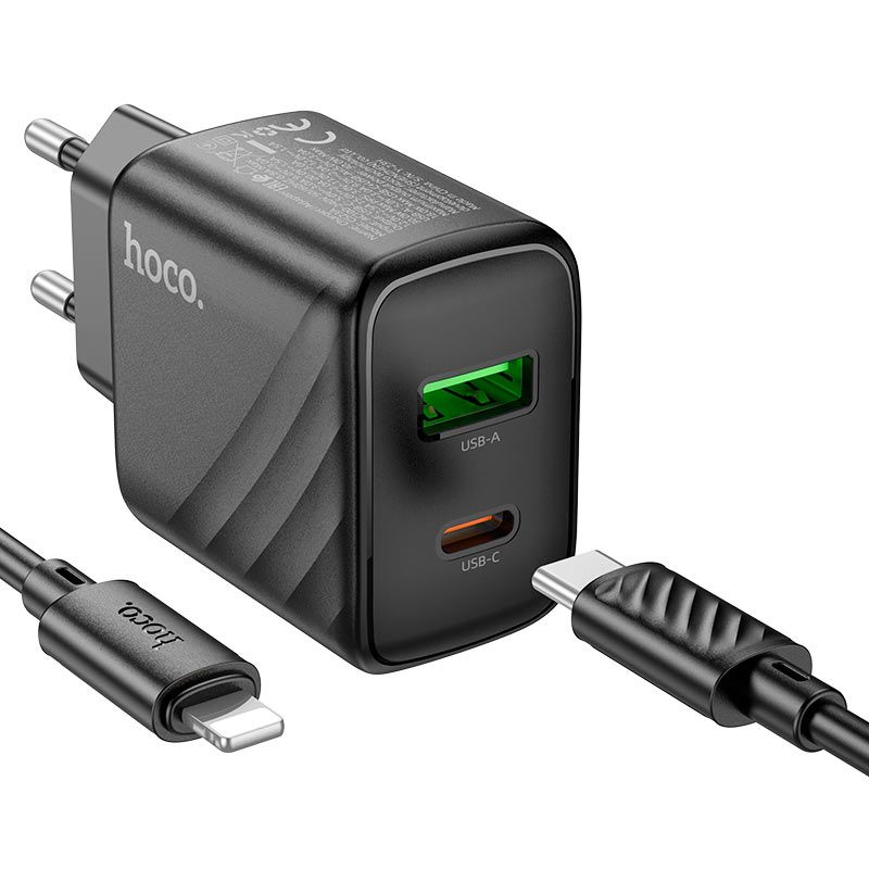 Мережевий зарядний пристрій з кабелем HOCO CS23A Sunlight dual-port PD30W+QC3.0 charger set (C to iP)(EU) Black