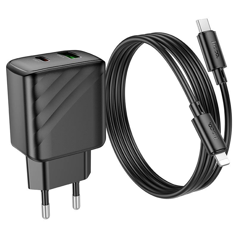 Мережевий зарядний пристрій з кабелем HOCO CS23A Sunlight dual-port PD30W+QC3.0 charger set (C to iP)(EU) Black
