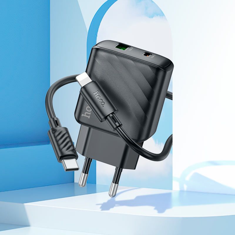 Мережевий зарядний пристрій з кабелем HOCO CS23A Sunlight dual-port PD30W+QC3.0 charger set (C to iP)(EU) Black