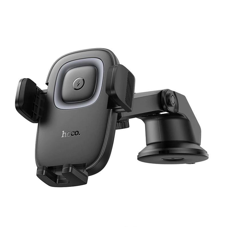 Автотримач для телефона з БЗП HOCO HW32 Crown push-type wireless charging car holder (center console) Black Metal Gray