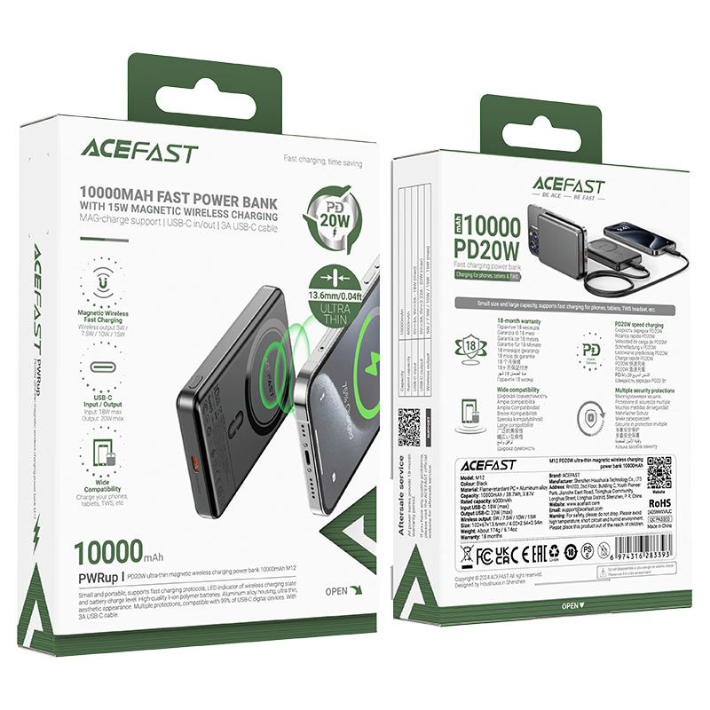 Зовнішній акумулятор ACEFAST M12 PD20W ultra-thin magnetic wireless charging power bank 10000mAh, Black