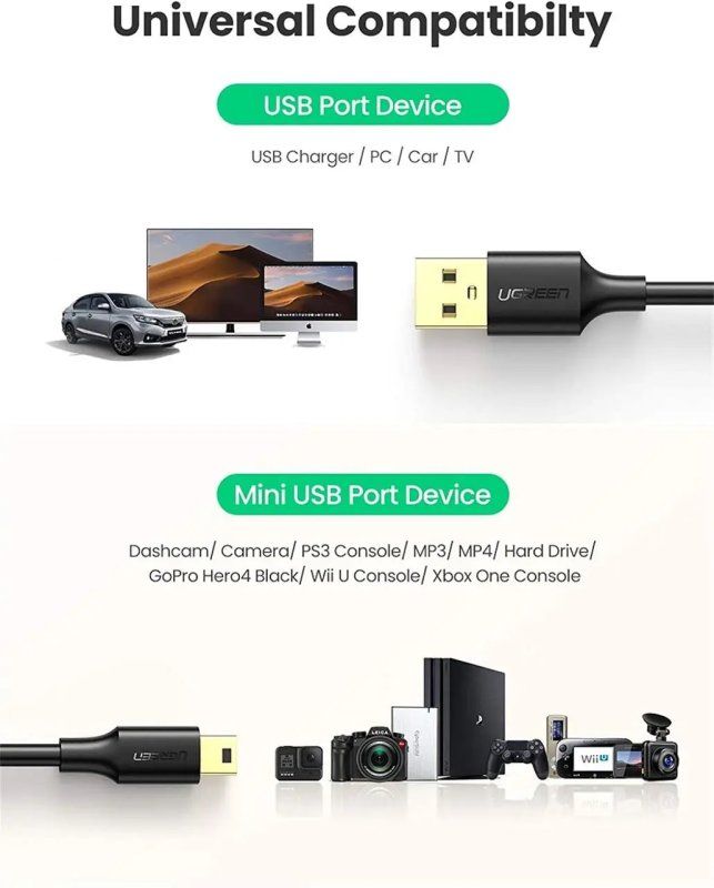 Кабель UGREEN USB 2.0 A Male to Mini 5 Pin Male Cable 2m (Black)